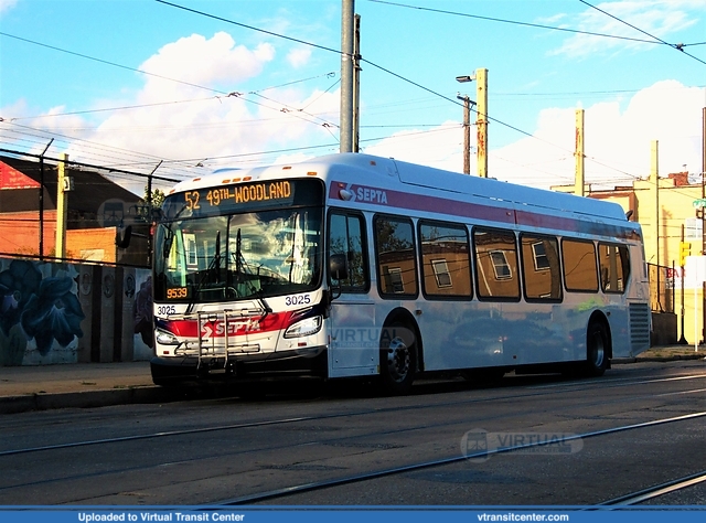 SEPTA 3025 on route 52
Route 52 to 49th and Woodland 
New Flyer Xcelsior "XDE40"
Photo taken at 49th and Woodland
October 24th, 2017
Keywords: New;Flyer;Xcelsior;XDE40