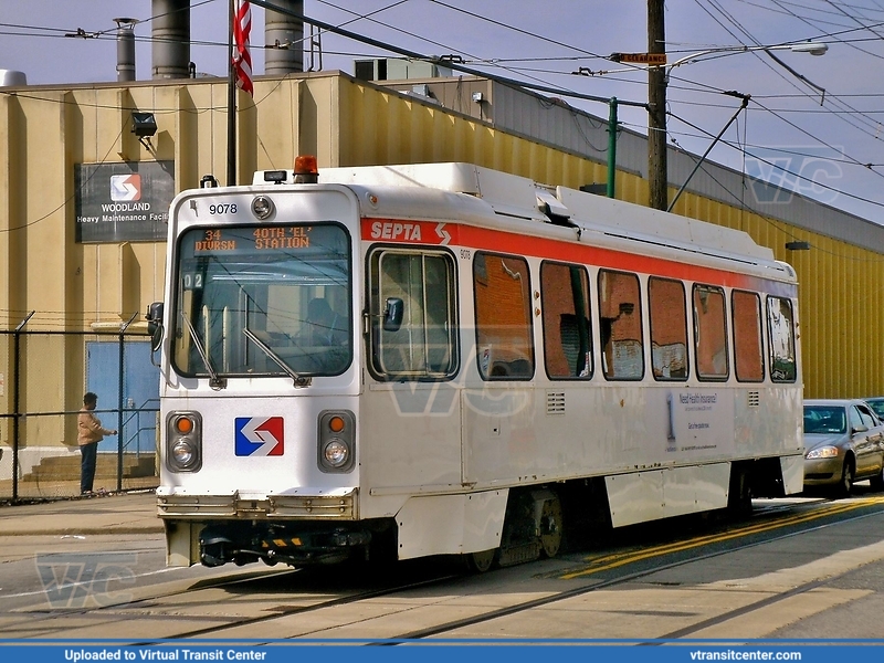SEPTA Trolley K-car 9078
On March 15th, 2011, K-Car #9078 serves an emergency diversion of route 34 to 49th and Woodland due to electrical problems between 41st Street the trolley portal. Shuttle buses operated between 49th and Woodland and 40th and Market. Shuttle buses also operated on route 36 this day.

Notice the signage of this trolley car...
