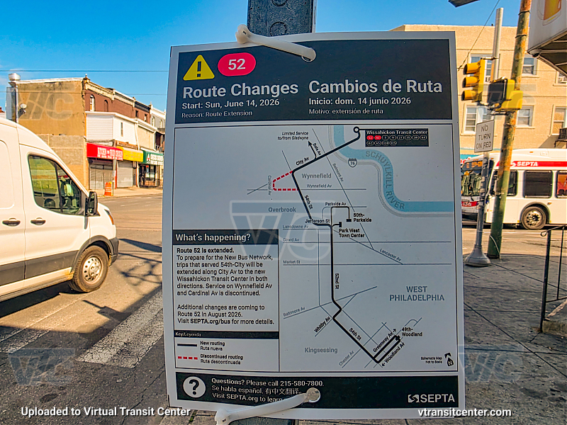 Route Changes on Route 52!
Route 52 service will be extended to Wissahickon Transit Center from 54th-City beginning June 14th, 2026
