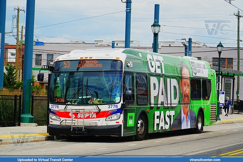 SEPTA 3776 on Route 53
Route 53 to Richmond-Westmoreland
New Flyer XDE40
