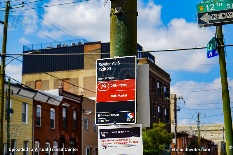 SEPTA New Bus Network Style Transit Stop for Snyder and 12th
Route 79 to 29th-Snyder or 40th-Market

New Bus Network sign without the bus icon
Keywords: SEPTA Bus;New Bus Network