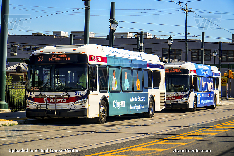 SEPTA 3335 on Route 53 and 3160 on route 73
Route 53 to Richmond-Wesmoreland
Keywords: SEPTA Bus;New Flyer XDE40