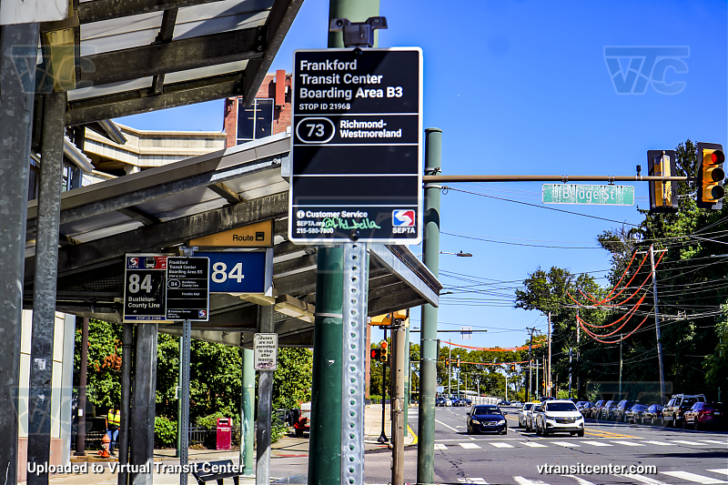 SEPTA New Bus Network Transit Stop at Frankford TC Bay B3
Route 73 Richmond-Westmoreland

You can see that the sign is positioned too close to the 84 boarding area
Keywords: SEPTA Bus