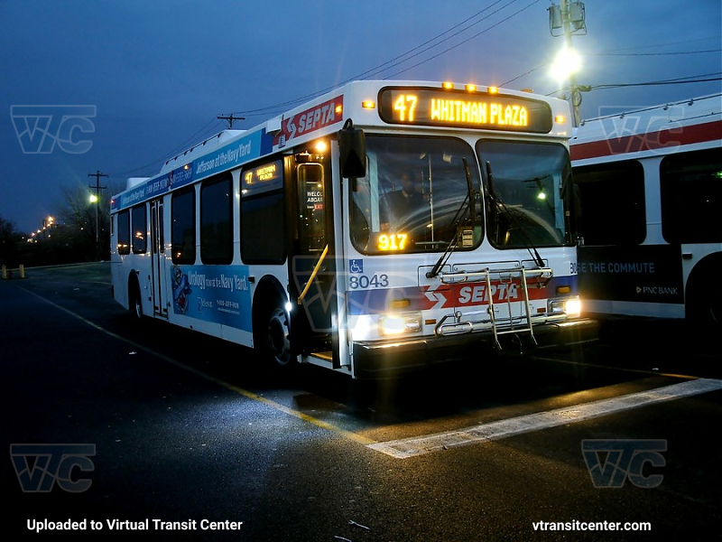 SEPTA 8043 on Route 47
Route 47 to Whitman Plaza, Philadelphia, PA
Keywords: SEPTA Bus;New Flyer D40LF