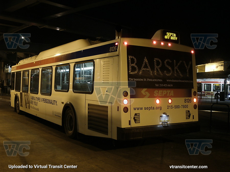 SEPTA 8126
After serving Market-Frankford Owl
Keywords: SEPTA Bus;New Flyer DE40LF;2nd