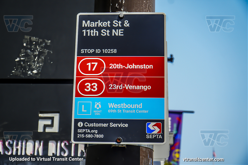 SEPTA New Bus Network Transit Stop at Market and 11th
No Bus icon yet

Route 17 to 20th-Johnston
Route 33 to 23rd-Venango
L Owl Westbound to 69th St Transit Center
Keywords: SEPTA Bus;New Bus Network
