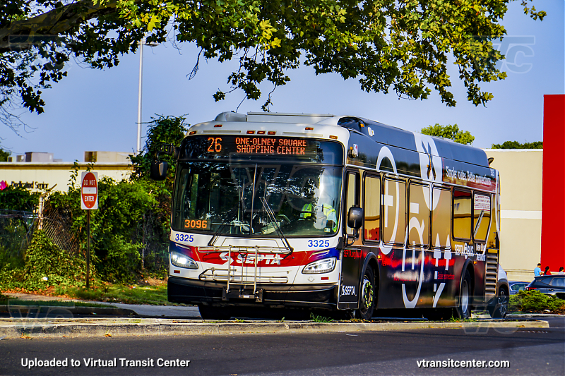 SEPTA 3325 on Route 26
Route 26 to Chelten Avenue Station (Signed up as One-Olney Square Shopping Center)

New Bus Network Wrap
Keywords: SEPTA Bus;New Flyer XDE40