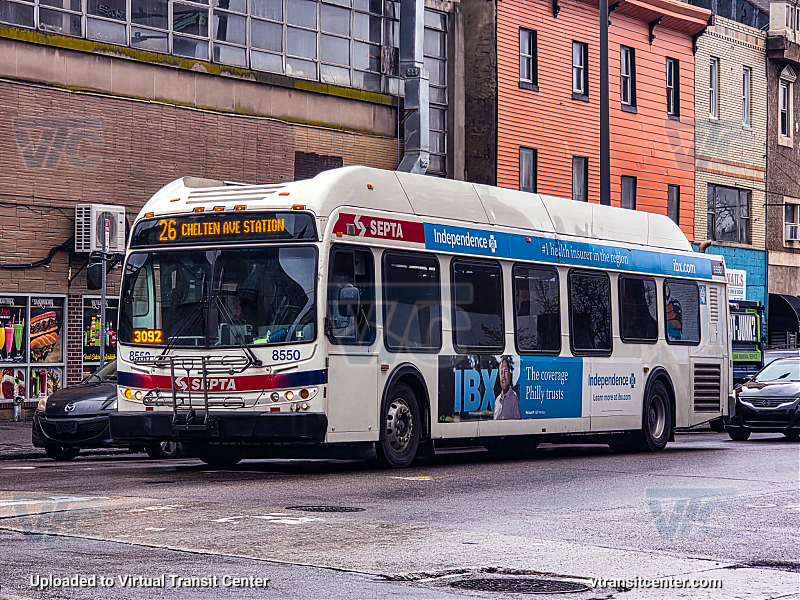 SEPTA 8550 on Route 26
Route 26 to Chelten Avenue Station
New Flyer DE40LFR
Keywords: SEPTA Bus;New Flyer Restyled;New Flyer DE40LFR
