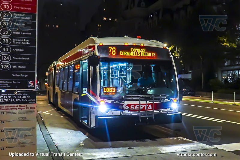 SEPTA 7408 on Route 78
This was actually a screenshot from a video, taken just an hour ago. This is the last picture of SEPTA route 78 I will ever take... until of course another route 78 comes out.

This route will run its final trips about 24 hours from now, and then be discontinued as part of the New Bus Network Phase 1 changes. All morning service was replaced by Trenton Line service, and midnight service replaced with other regional rail service.
Keywords: SEPTA Bus;NovaBus LFS Artic