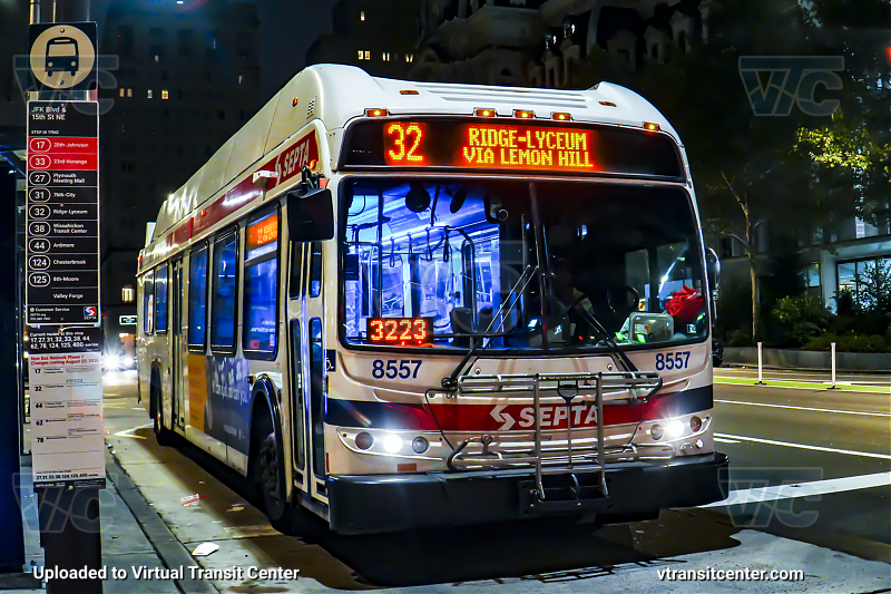 SEPTA 8557 on Route 32
Route 32 to Ridge-Lyceum via Lemon Hill

Route 32 signs were programmed to say "via Lemon Hill" as that's where the FIFA fan festival was held this year. 
Keywords: SEPTA Bus;New Flyer Restyled;New Flyer DE40LFR