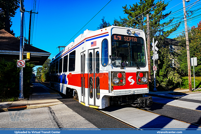 SEPTA Trolley Suburban K-car 106 on route D1
SEPTA Metro D1 Line to 69th Street Transit Center
Retro "1980's Delivery Livery"
Kawasaki DE LRV
Keywords: SEPTA Retro;SEPTADELRV