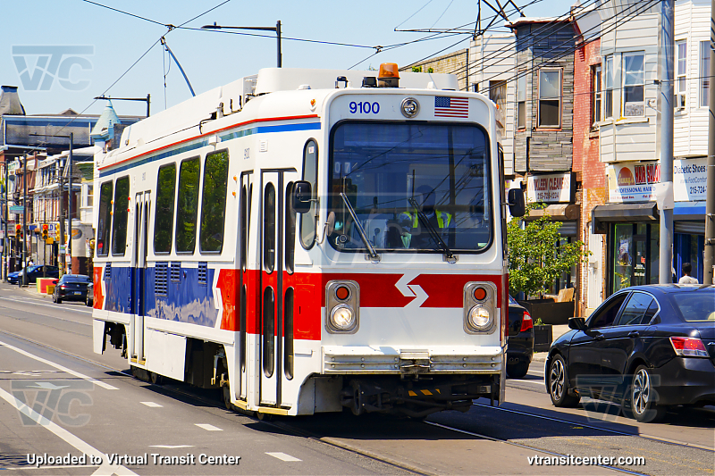 SEPTA Trolley K-Car 9100 on Route T4 
Route T4 to 13th St (Former Route 11)
Retro "1980's Delivery Livery"
Keywords: SEPTA Retro Trolley;Throwback Livery;Retro Livery;SEPTA Trolley;Kawasaki LRV