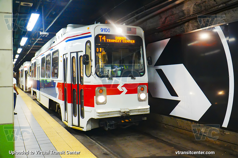 SEPTA Trolley K-Car 9100 on Route T4 
Route T4 to Darby Transit Center (Former Route 11)
Retro "1980's Delivery Livery"
Keywords: SEPTA Retro Trolley;Throwback Livery;Retro Livery;SEPTA Trolley;Kawasaki LRV