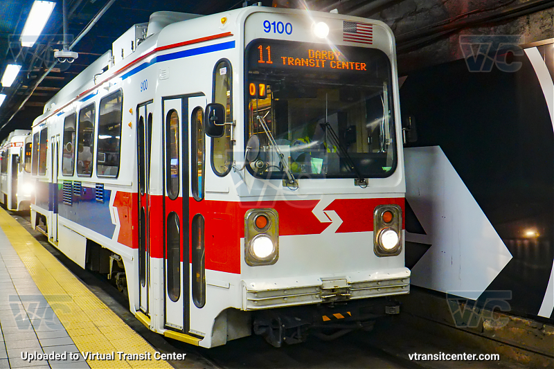 SEPTA Trolley K-Car 9100 on Route T4 
Route T4 to Darby Transit Center (Former Route 11)
Retro "1980's Delivery Livery"
Keywords: SEPTA Retro Trolley;Throwback Livery;Retro Livery;SEPTA Trolley;Kawasaki LRV