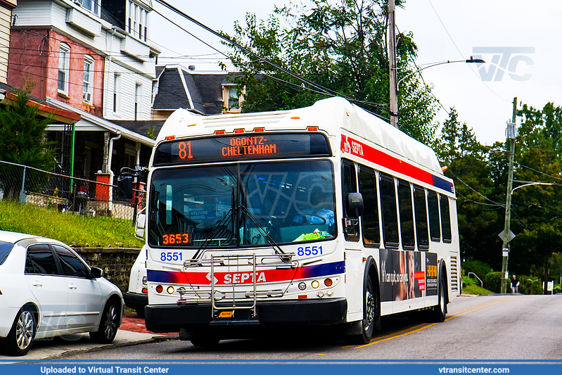 SEPTA 8551 on Route 81
Route 81 to Broad-Erie (Signed as Ogontz-Cheltenham)
New Flyer DE40LFR
Keywords: SEPTA Bus;New Flyer Restyled;New Flyer DE40LFR