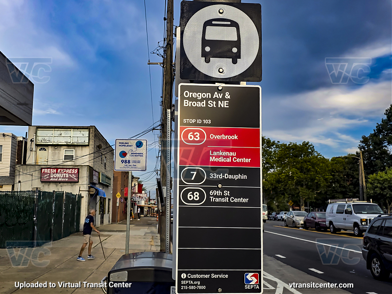 SEPTA New Bus Network Transit Stop at Oregon and Broad
Route 63 to Overbrook or Lakenau Hospital
Route 7 to 33rd-Dauphin
Route 68 to 69th St Transit Center

