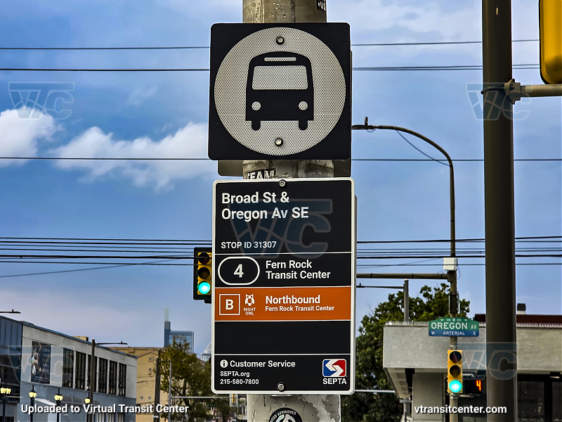 SEPTA New Bus Network Transit Stop at Broad and Oregon
Route 4 to Fern Rock Transit Center
Route B Owl Service Northbound to Fern Rock Transit Center
