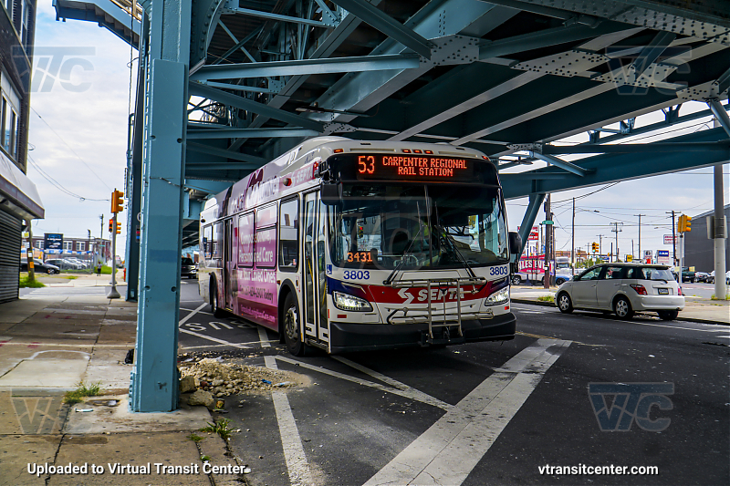 SEPTA 3803 on Route 53
Route 53 to Carpenter Regional Rail Station
Keywords: SEPTA Bus;New Flyer XDE40