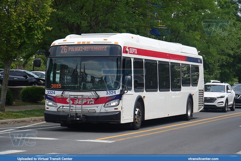 SEPTA 3324 on Route 26
Route 26 to Rittenhouse-Pulaski (Chelten Avenue Station)
New Flyer XDE40 
Keywords: SEPTA;XDE40