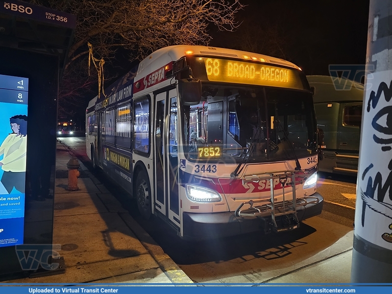 SEPTA 3443 on Route 68
Route 68 Express to Broad-Oregon
New Flyer XDE40 
Keywords: SEPTA;XDE40