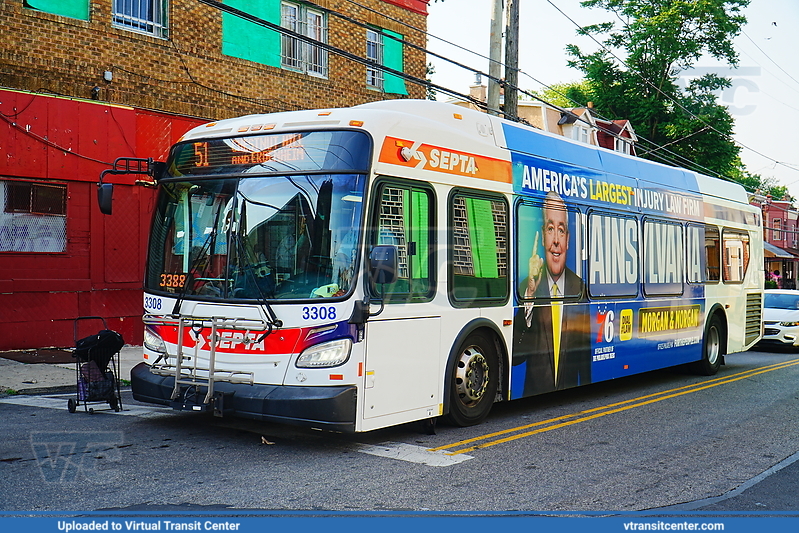 SEPTA 3308 on Route 51
Route 51 to Plymouth Meeting Mall (former Route L)
New Flyer XDE40
