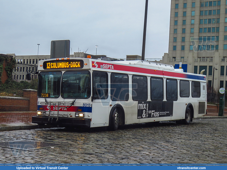 SEPTA 8013 on Route 12
Route 12 to Columbus-Dock
New Flyer D40LF
Spruce Hill Park (Columbus Boulevard and Dock Street), Philadelphia, PA

Keywords: SEPTA;New Flyer D40LF