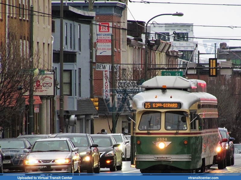 SEPTA Trolley PCC-II 2334 on route 15
Route 15 trolley to 63rd-Girard
St. Louis Car Co. PCC-II
Keywords: SEPTA;PCC;PCC-II;Trolley Cars;Trolley
