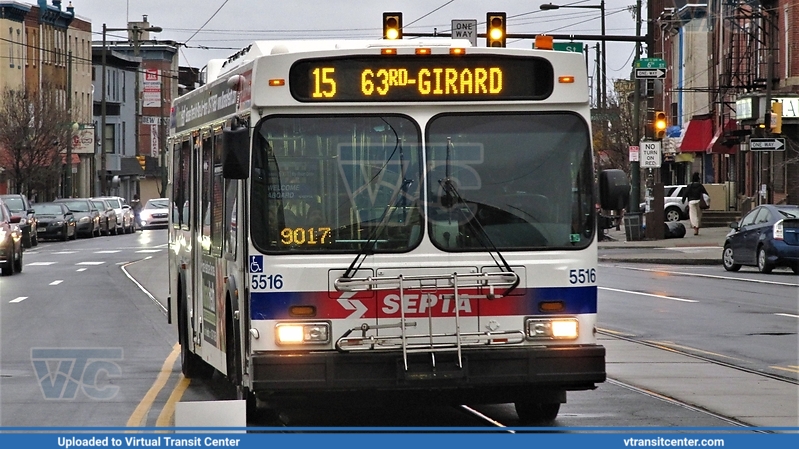 SEPTA 5516 on route 15
Route 15 to 63rd-Girard
New Flyer D40LF
7th Street and Girard Avenue, Philadelphia, PA
Keywords: SEPTA;D40LF