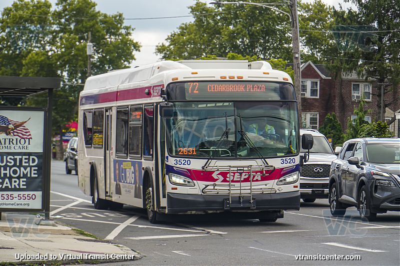 SEPTA 3520 on Route 72
Route 72 to Cedarbrook Plaza
Keywords: SEPTA Bus;New Flyer XDE40