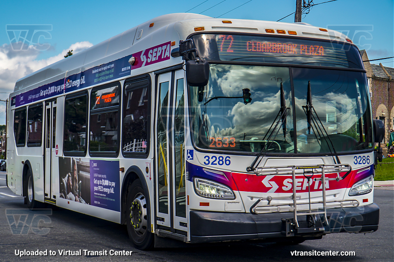 SEPTA 3286 on Route 72
Route 72 to Cedarbrook Plaza
Keywords: SEPTA Bus;New Flyer XDE40