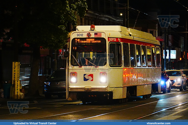 SEPTA Trolley K-Car 9012 on Route T4
Route T4 to Darby Transit Center
Kawasaki Series 9000 LRV
62nd Street and Woodland Avenue, Philadelphia, PA
