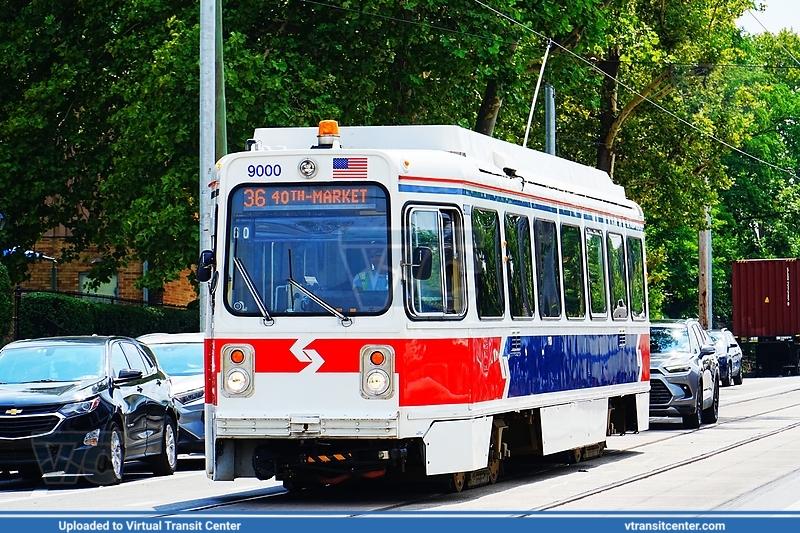 SEPTA Trolley K-car 9000 on Route 36
Route T5 to 40th-Market (Former Route 36)
Retro "1980's Delivery Livery"
Kawasaki LRV
