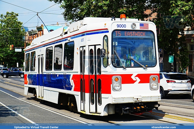 SEPTA Trolley K-car 9000 on Route T5
Route T5 to Eastwick (Former Route 36)
Retro "1980's Delivery Livery"
Kawasaki LRV
