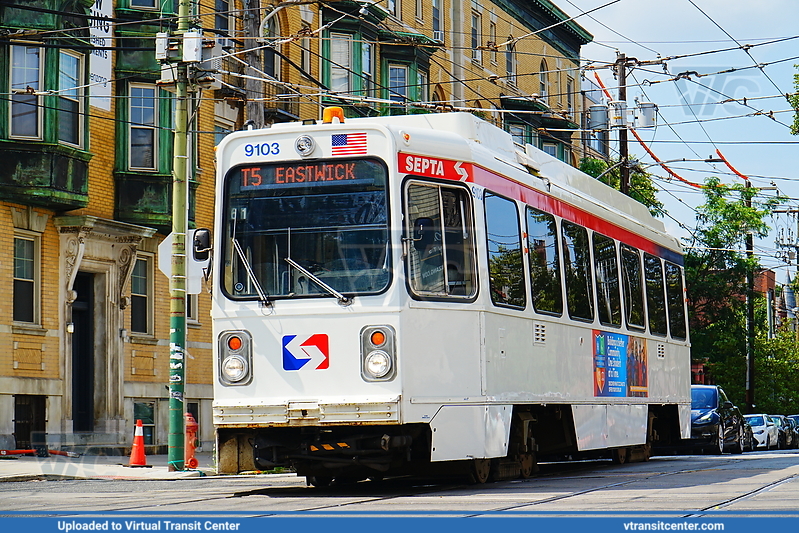 SEPTA Trolley K-car 9103 on Route T5
Route T5 to Eastwick (Former Route 36)
Kawasaki LRV
