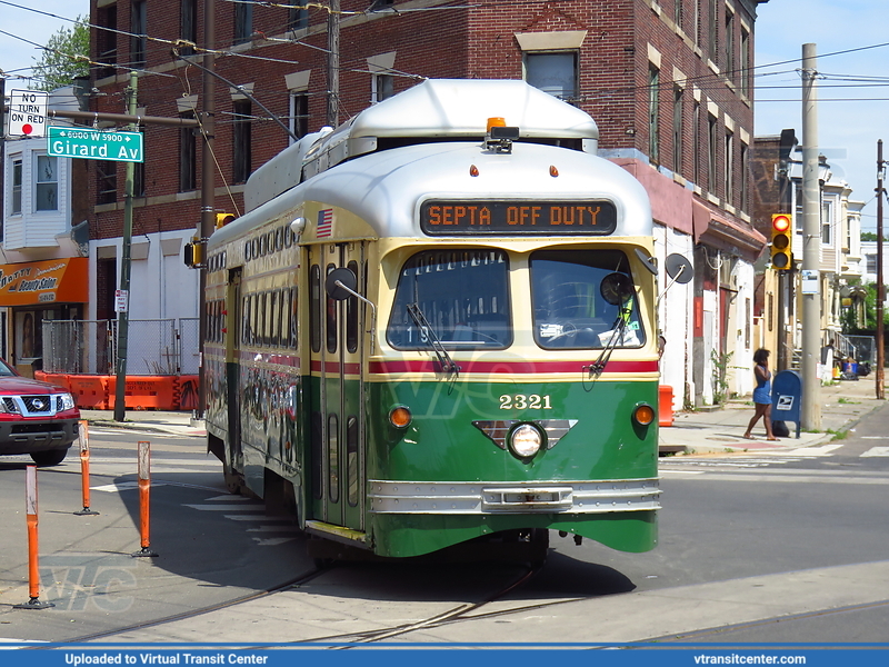 SEPTA Trolley PCC-II 2321
Not in Service
St. Louis Car Co. PCC-II
Keywords: SEPTA;PCC;PCC-II;Trolley Cars;Trolley
