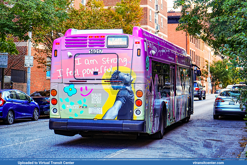 MTA Maryland BaltimoreLink 14017 on CityLink Green
CityLink Green to Downtown Baltimore
"Baltimore Youth Arts Power" Wrap
New Flyer XDE40
