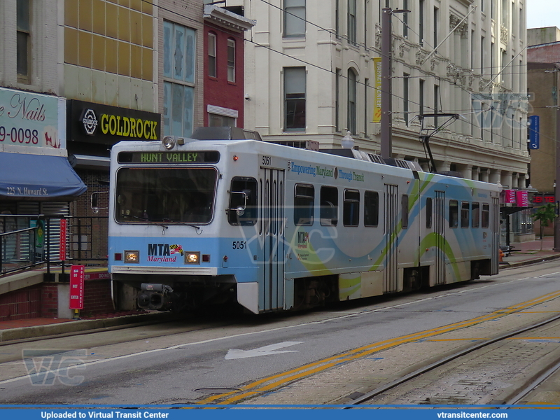 MTA Maryland Light Rail 5051 on Light RailLink
Light RailLink to Hunt Valley
ABB LRV
Howard Street at Fayette Street, Baltimore, MD
