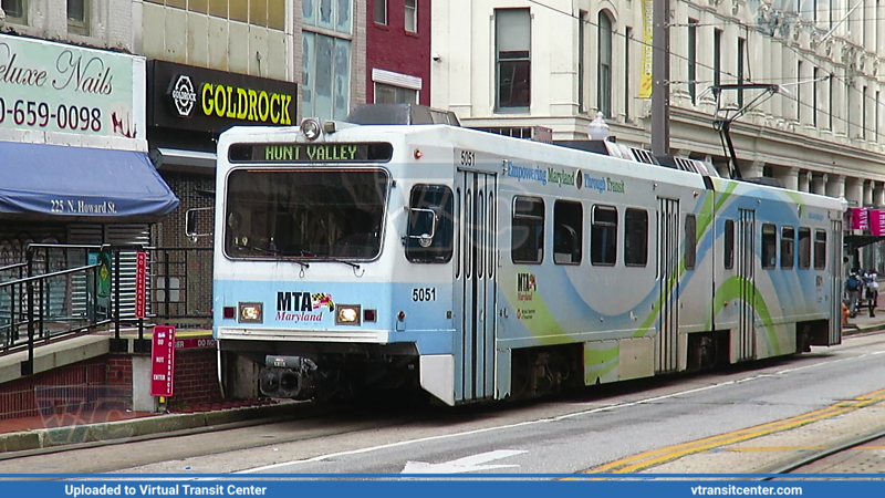 MTA Maryland Light Rail 5051 on Light RailLink
Light RailLink to Hunt Valley
ABB LRV
Howard Street at Fayette Street, Baltimore, MD
