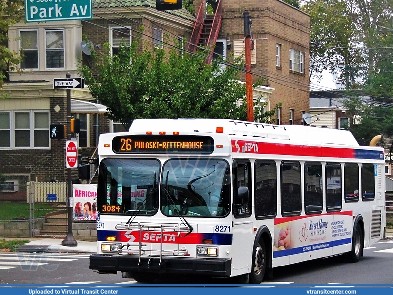 SEPTA 8271 on route 26
26 to Rittenhouse-Pulaski
New Flyer DE40LF

Keywords: New;Flyer;DE40LF
