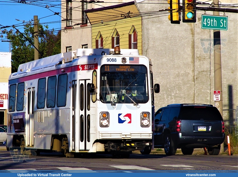 SEPTA 9088 on route 11
11 to Darby Transportation Center
Kawasaki Series 9000 LRV
49th Street and Woodland Avenue, Philadelphia, PA
October 24th 2017
Keywords: Kawasaki;LRV