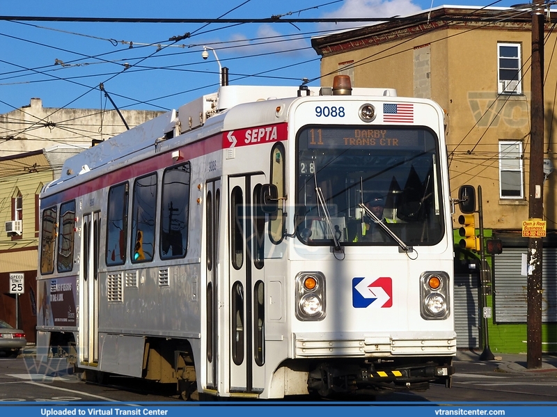 SEPTA Trolley K-Car 9088 on route 11
11 to Darby Transportation Center
Kawasaki Series 9000 LRV
October 24th 2017
Keywords: Kawasaki;LRV