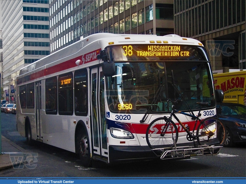 SEPTA 3020 on route 38
Route 38 to Wissahickon Transportation Center
New Flyer Xcelsior "XDE40"
17th Street and JFK Boulevard, Philadelphia, PA
