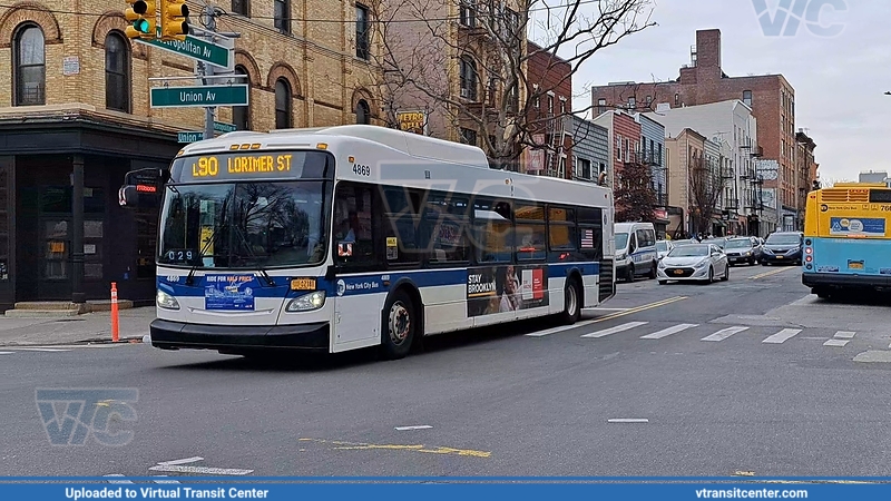 MTA New York City 4869 on an L shuttle 
Route L90 - L shuttle to Lorimer Street
New Flyer XD40 
Metropolitan Avenue and Union Avenue, Brooklyn, New York City, NY
