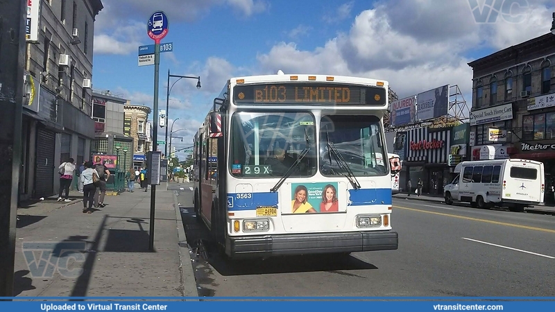 MTA New York City 3563
B103 Limited to Canarsie
Orion VII HEV
Flatbush Avenue and Nostrand avenue, Brooklyn, New York City, NY
