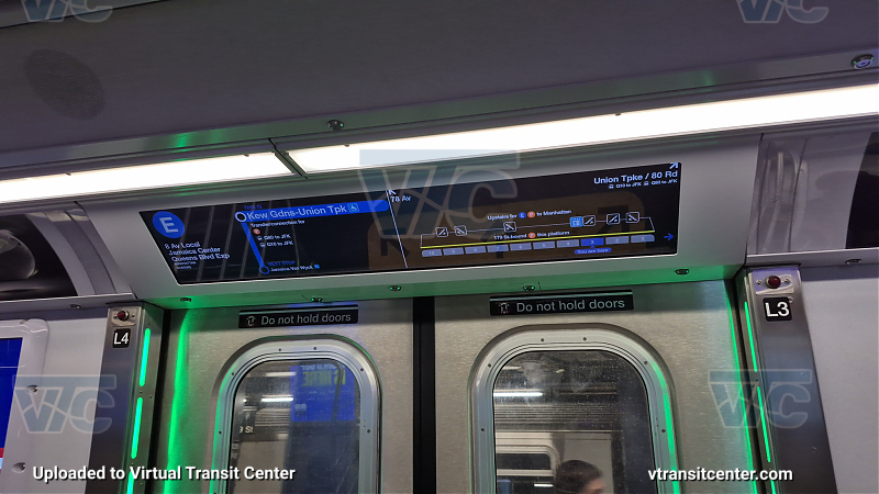 R211 E train Interior Screen
This shows transfers and where to exit at Kew Gardens-Union Tpke.
