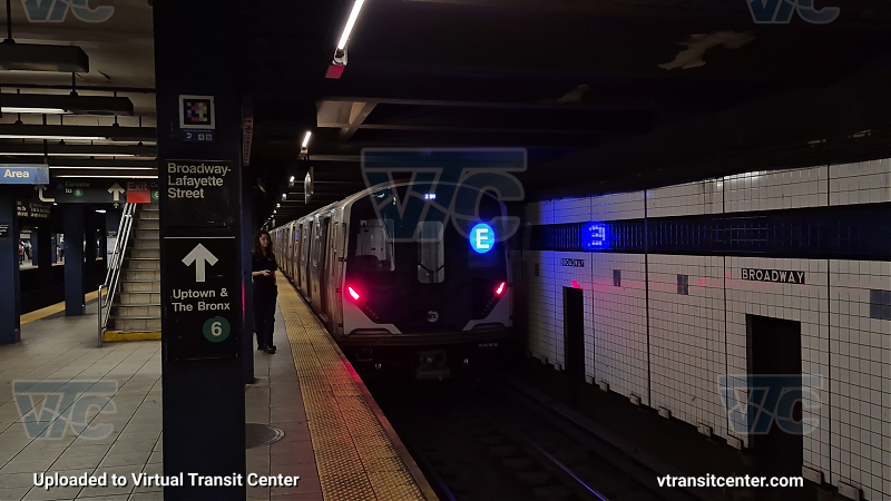 R211 E train at Broadway-Lafayette St
An 2 Av-bound R211 E train arrives at Broadway-Lafayette St. Due to track maintenance, E trains were rerouted on the F line from West 4th Street-Washington Square to 2nd Avenue. This R211 was used for CBTC testing along the IND Queens Boulevard line.
