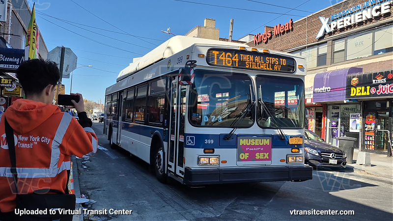 MTA New York City 399 on the T464 Q shuttle 
2012 NFI C40LF #399 on the T464 Q shuttle 
