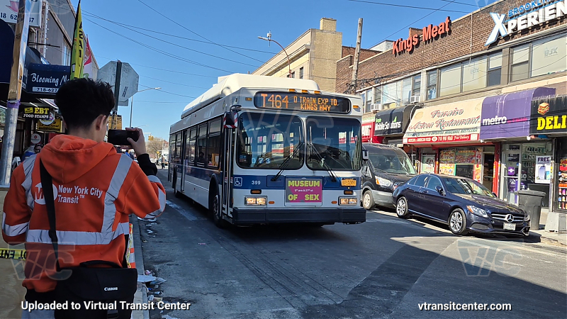 MTA New York City 399 on the T464 Q shuttle 
2012 NFI C40LF #399 on the T464 Q shuttle 
