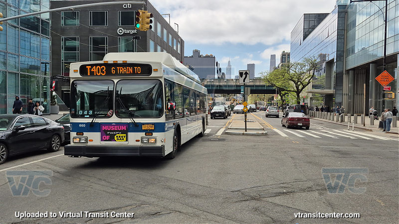 MTA New York City 660 on the T403 G shuttle 
2013 NFI C40LF #660 on the T403 G shuttle 

