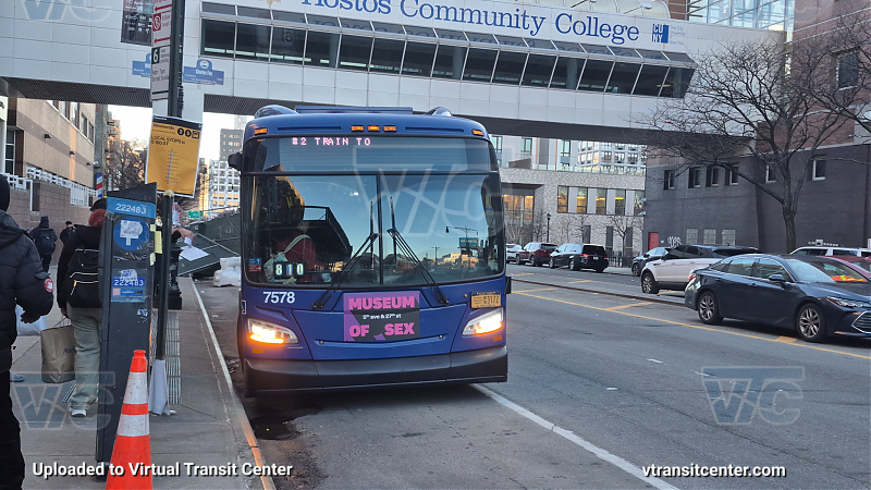 MTA New York City 7578 on the 2/5 shuttle 
Due to a destination sign code glitch, this bus showed the signage weirdly.
